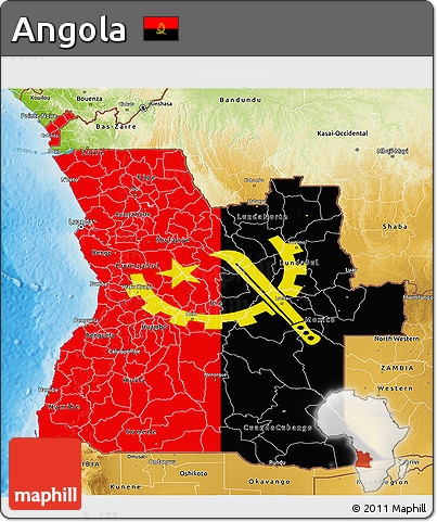 Flag 3D Map of Angola, physical outside, flag rotated