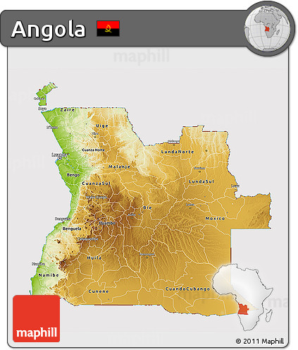 Physical 3D Map of Angola, cropped outside