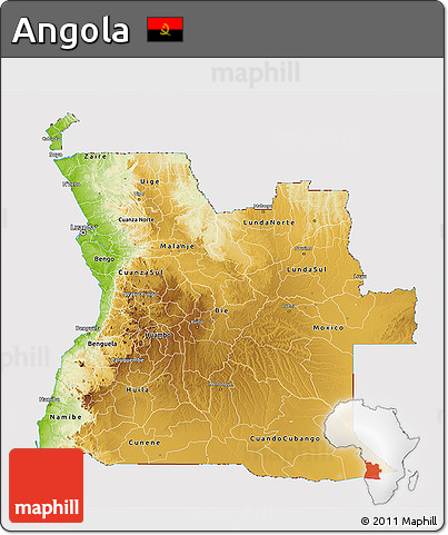 Physical 3D Map of Angola, cropped outside