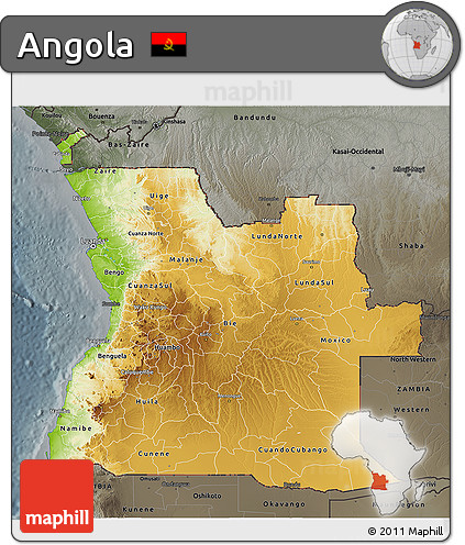 Physical 3D Map of Angola, darken, semi-desaturated