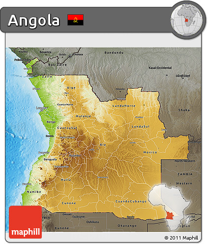 Physical 3D Map of Angola, darken, semi-desaturated, land only