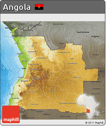 Physical 3D Map of Angola, darken, semi-desaturated, land only