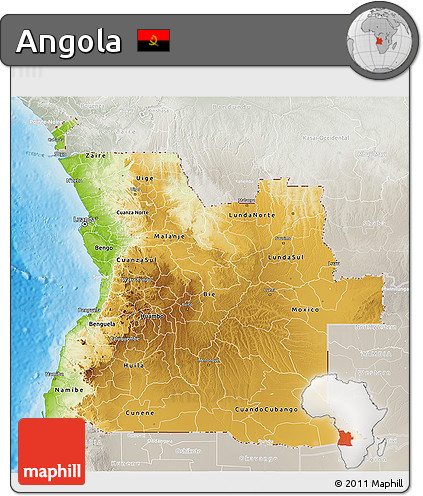 Physical 3D Map of Angola, lighten, semi-desaturated, land only