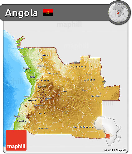 Physical 3D Map of Angola, single color outside, bathymetry sea