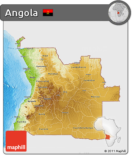 Physical 3D Map of Angola, single color outside, bathymetry sea, shaded relief sea