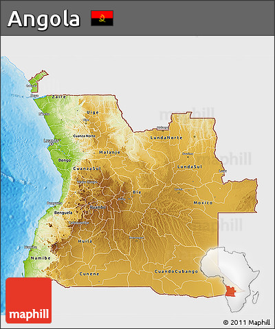 Physical 3D Map of Angola, single color outside, bathymetry sea, shaded relief sea