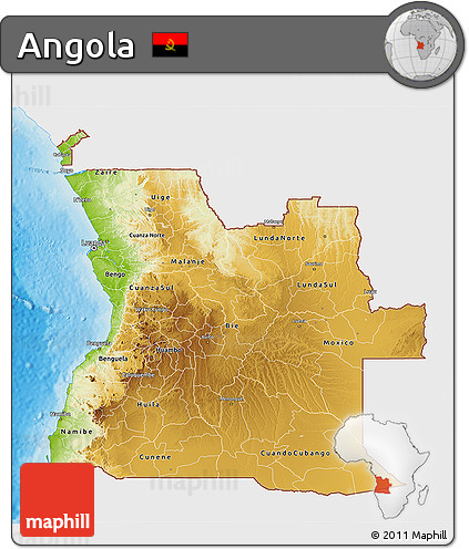 Physical 3D Map of Angola, single color outside