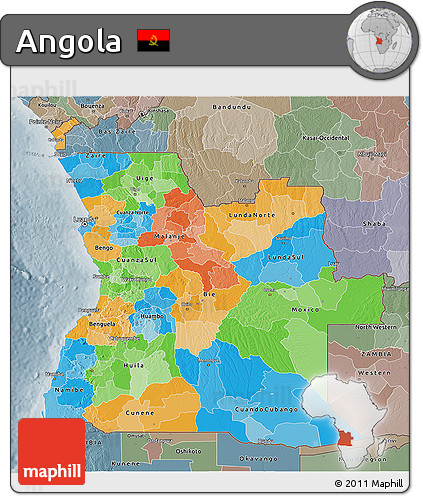 Political 3D Map of Angola, semi-desaturated