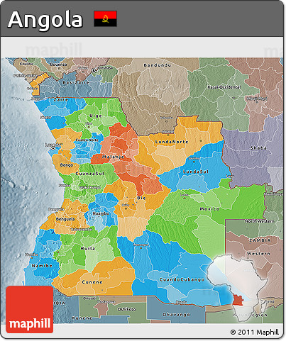 Political 3D Map of Angola, semi-desaturated