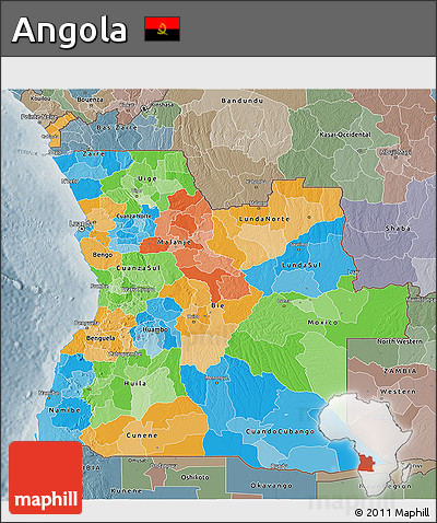 Political 3D Map of Angola, semi-desaturated