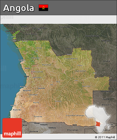 Satellite 3D Map of Angola, darken, semi-desaturated, land only