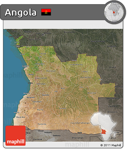 Satellite 3D Map of Angola, darken, semi-desaturated, land only