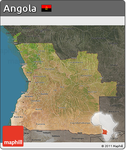 Satellite 3D Map of Angola, darken, semi-desaturated, land only