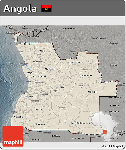 Shaded Relief 3D Map of Angola, darken, semi-desaturated