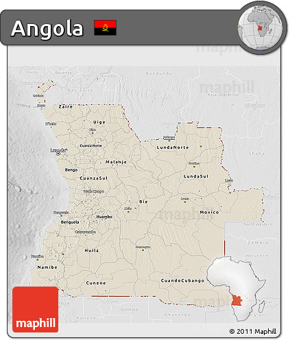 Shaded Relief 3D Map of Angola, lighten, desaturated