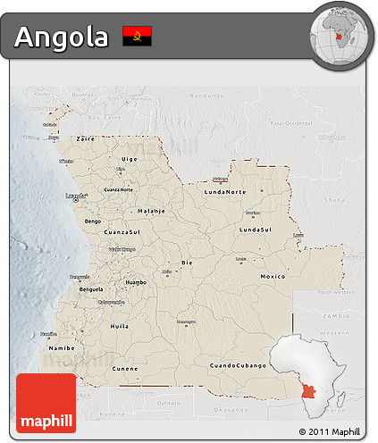 Shaded Relief 3D Map of Angola, lighten, semi-desaturated