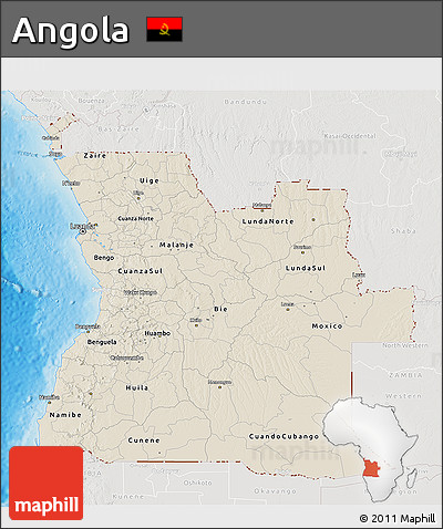 Shaded Relief 3D Map of Angola, lighten, semi-desaturated, land only