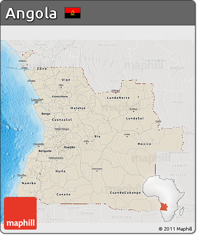 Shaded Relief 3D Map of Angola, lighten, semi-desaturated, land only