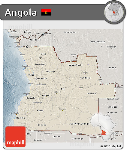Shaded Relief 3D Map of Angola, semi-desaturated