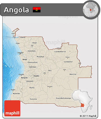 Shaded Relief 3D Map of Angola, single color outside