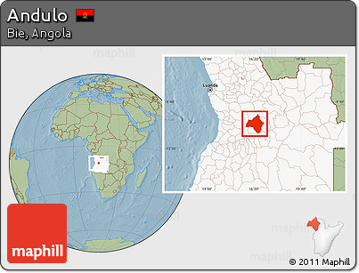 Savanna Style Location Map of Andulo, highlighted country, hill shading