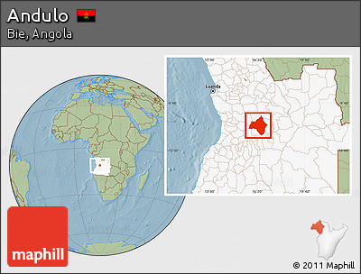 Savanna Style Location Map of Andulo, highlighted country, hill shading