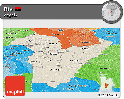 Shaded Relief Panoramic Map of Bie, political shades outside