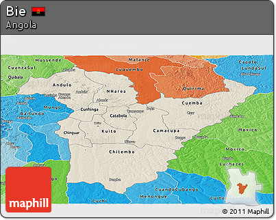 Shaded Relief Panoramic Map of Bie, political shades outside