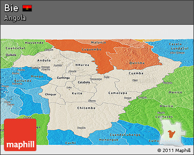Shaded Relief Panoramic Map of Bie, political shades outside