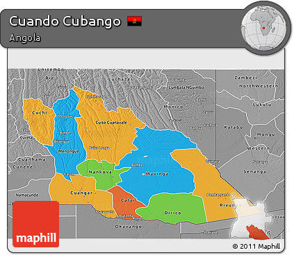 Political 3D Map of Cuando Cubango, desaturated