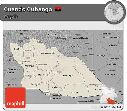 Shaded Relief 3D Map of Cuando Cubango, darken, desaturated