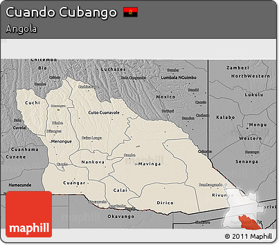 Shaded Relief 3D Map of Cuando Cubango, darken, desaturated