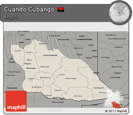 Shaded Relief 3D Map of Cuando Cubango, darken, semi-desaturated