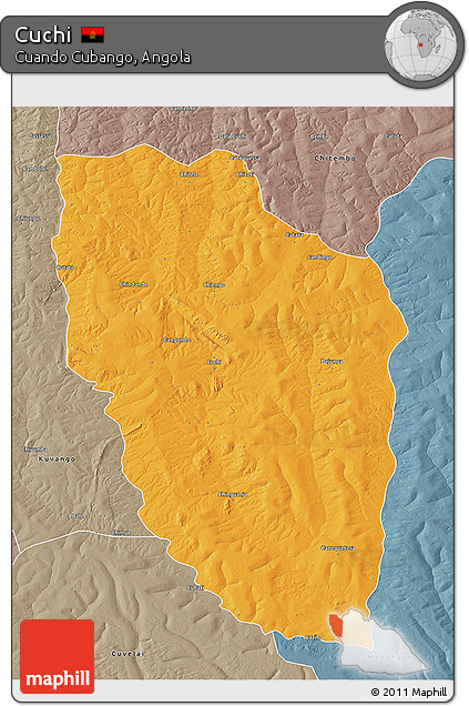 Political 3D Map of Cuchi, semi-desaturated