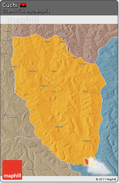 Political 3D Map of Cuchi, semi-desaturated