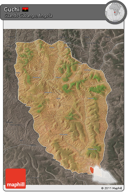 Satellite 3D Map of Cuchi, darken, semi-desaturated