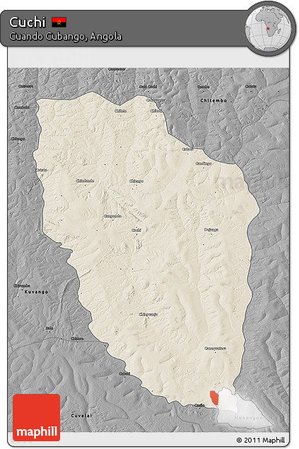 Shaded Relief 3D Map of Cuchi, darken, desaturated