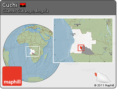 Savanna Style Location Map of Cuchi, highlighted country, highlighted parent region, within the entire country, hill shading