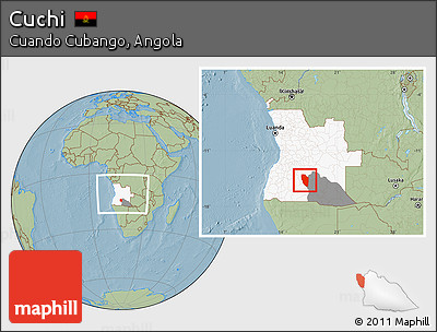 Savanna Style Location Map of Cuchi, highlighted country, highlighted parent region, within the entire country, hill shading