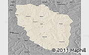Shaded Relief Panoramic Map of Cuchi, darken, desaturated