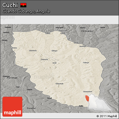 Shaded Relief Panoramic Map of Cuchi, darken, semi-desaturated