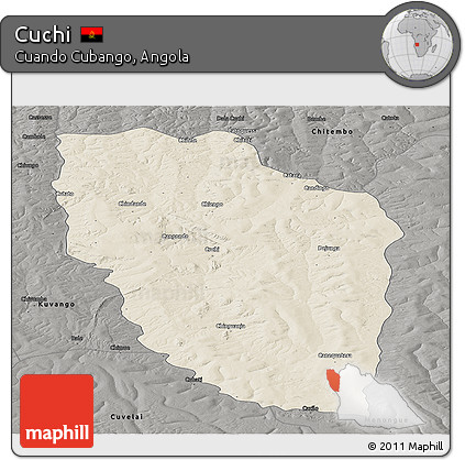 Shaded Relief Panoramic Map of Cuchi, darken, semi-desaturated