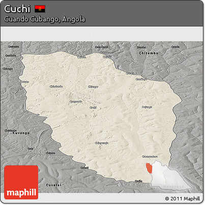 Shaded Relief Panoramic Map of Cuchi, darken, semi-desaturated