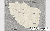 Shaded Relief Panoramic Map of Cuchi, darken, semi-desaturated