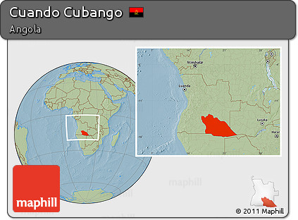 Savanna Style Location Map of Cuando Cubango, within the entire country, hill shading
