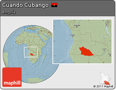 Savanna Style Location Map of Cuando Cubango, within the entire country, hill shading