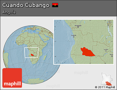 Savanna Style Location Map of Cuando Cubango, within the entire country, hill shading