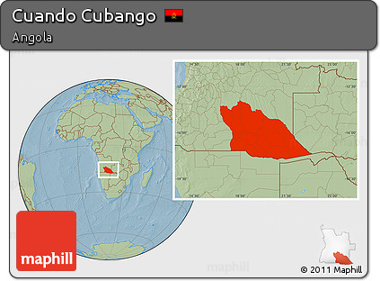 Savanna Style Location Map of Cuando Cubango, hill shading