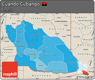 Political Shades Map of Cuando Cubango, shaded relief outside