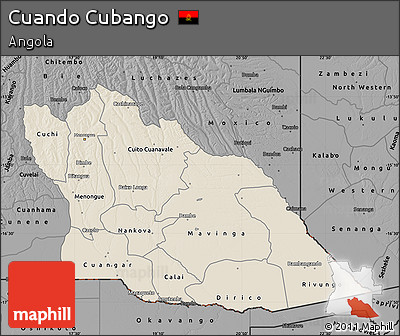 Shaded Relief Map of Cuando Cubango, darken, desaturated